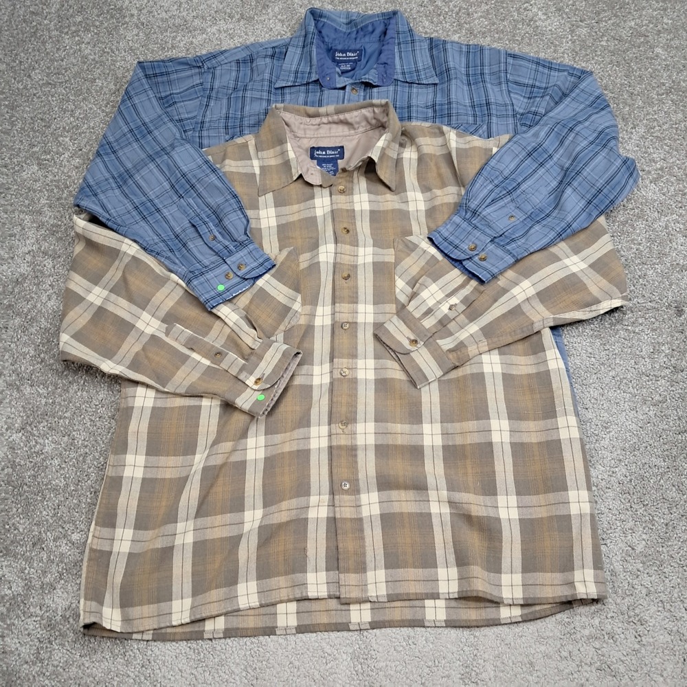 John Blair Mens XL Plaid Flannel Button Down Shirts Lot of 2 Blue Brown 5345103